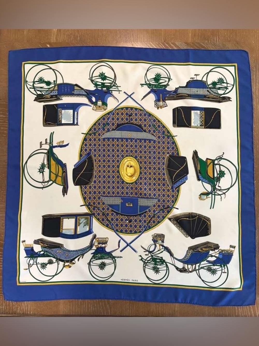 Hermès Carriages Silk Scarf 90 Carré Blue White Gold Hand Rolled Made in France
